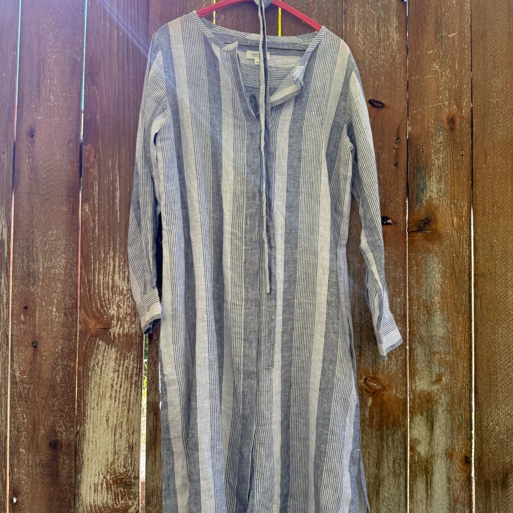 HAVEN Women’s Linen Blue White Gray Striped Long Sleeve Straight Fit Dress Small